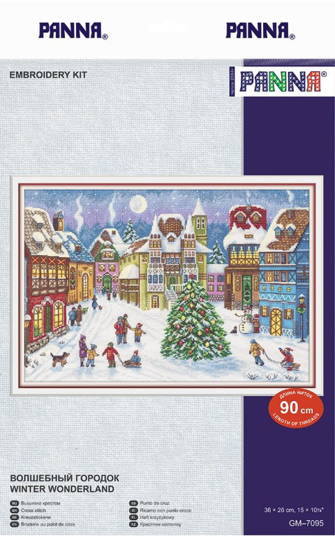 Siuvinėjimo rinkinys Panna – žiemos miestelio scena su eglute ir slidinėjančiais žmonėmis, 36×26 cm