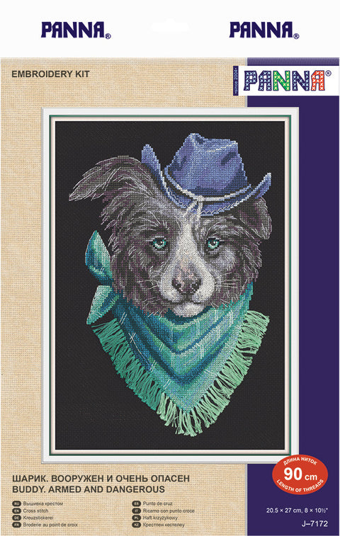 Siuvinėjimo rinkinys Panna — šunies portretas su mėlyna kaubojiška skrybėle ir žalsvu šaliku ant juodo audinio (20,5×27 cm).