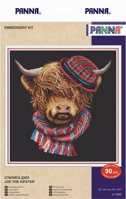 Siuvinėjimo rinkinys Panna — 25×24,5 cm dizainas "Joe the Hipster": škotiška skrybėlė ir raudonai‑mėlynas šalikas ant juodo fono