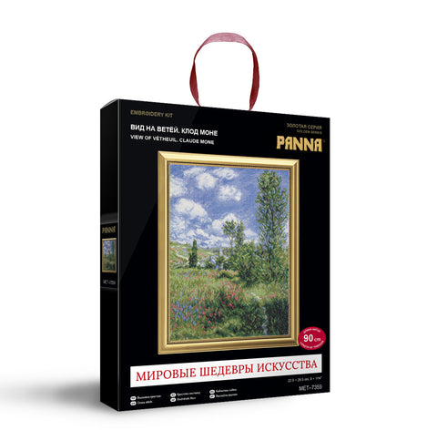 Siuvinėjimo rinkinys Panna Claude Monet peizažas 22×29 cm su auksiniu rėmeliu, pakuotės priekinė pusė su raudona rankena