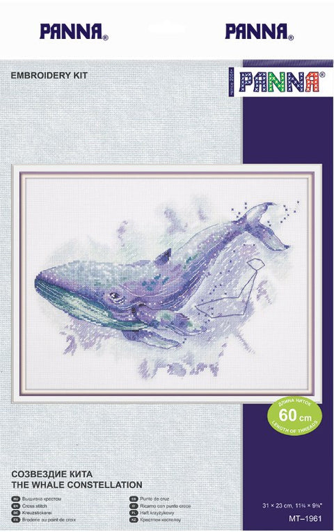 Siuvinėjimo rinkinys Panna Banginio žvaigždynas, violetinės–mėlynos banginio dizainas skirtas 31×23 cm rėmui