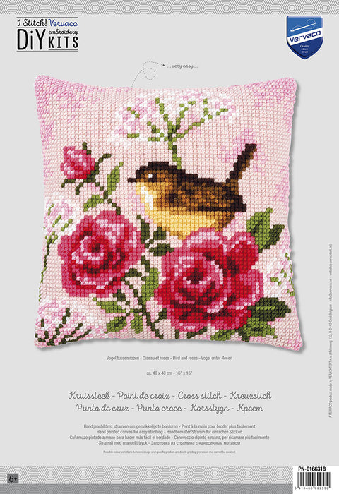 kryželių pagalvėlė Vervaco 40×40 cm su geltonu paukšteliu ir sodriomis raudonomis rožėmis ant šviesiai rožinio fono