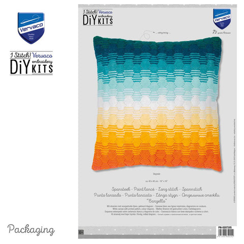 Siuvinėjimo rinkinys Vervaco: spalvota pereinamo tono bargello pagalvėlė 40×40 cm ant baltos pakuotės