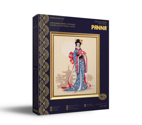 Siuvinėjimo rinkinys Panna, tamsiai mėlyna pakuotė su japonų geišos siuvenyro motyvu ir auksinio rėmo reprodukcija (60 cm)
