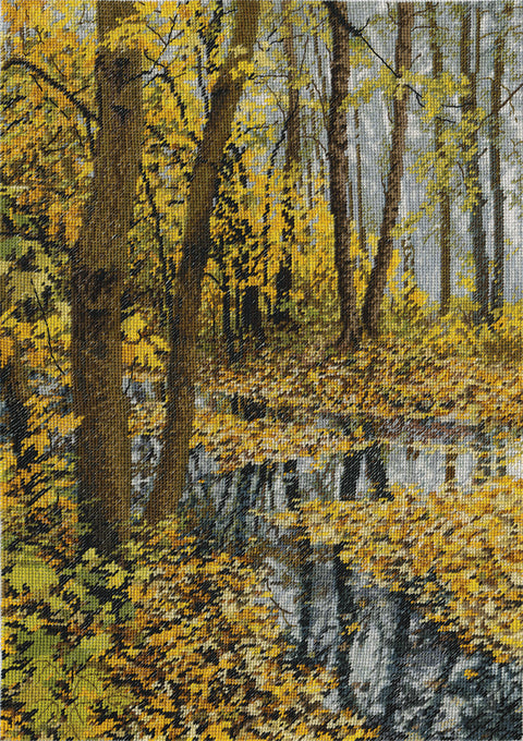 Gobelenas rudens miško su vandens atspindžiu, geltoni ir rudi tonai, tekstūruotas 60×90 cm sienai