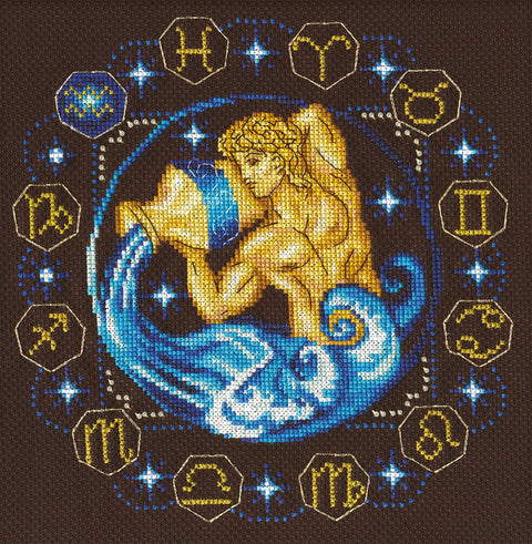 Kryželių siuvinys Vandenis – geltoni siluetai ir mėlynos bangos ant tamsiai rudos drobės, apsuptas zodiako ženklų