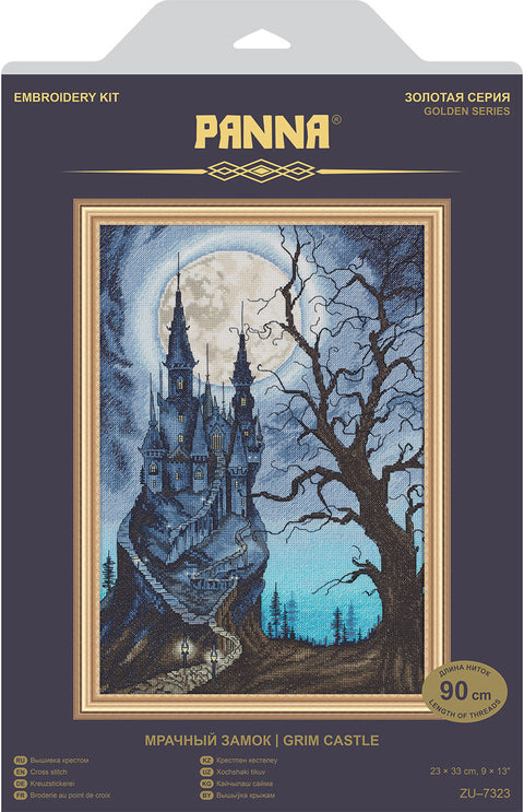Kryželių rinkinys Panna Grim Castle mėlynais tonais, pilis prie mėnulio naktiniame peizaže, 23×33 cm