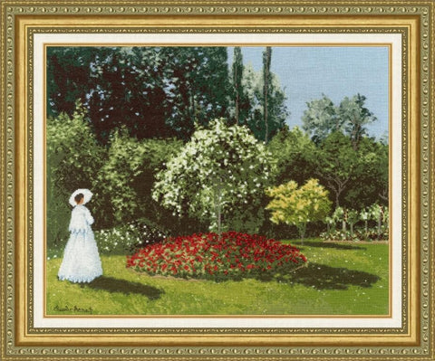 Paveikslas aukso rėme, sodas su balta moterimi ir ryškia raudonų gėlių žiede, klasikinis dekoratyvinis 60×50 cm