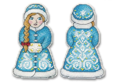 Siuvinėta Snieguolės sagė, mėlyna su baltu kailiuku, detalizuota priekinė ir nugarinė pusė, tinka šventinei aprangai