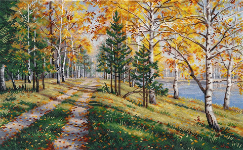 Siuvinėjimo rinkinys rudeninė beržų alėja 40×60 cm — spalvota gamtos scena su tvenkiniu ir vingiuotu takeliu, detalių siūlų paletė