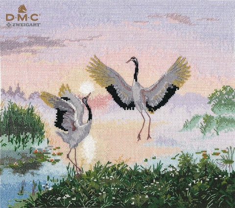 Siuvinėjimo rinkinys DMC Zweigart: pilkai baltos gervės su išskleistais sparnais prie saulėtekio vandens atspindyje, pilnai išsiuvinėtas