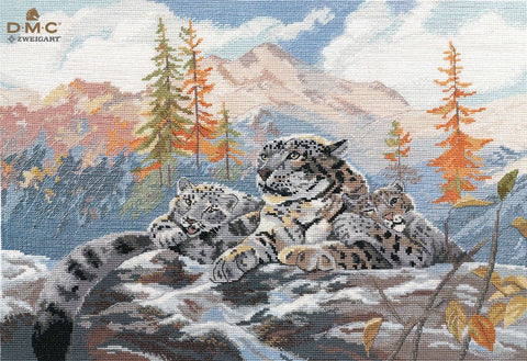 Siuvinėjimo rinkinys su DMC siūlais – užbaigtas sniego leopardų motyvas kalnuose, rudens spalvų paletė, rankų darbo tekstūra