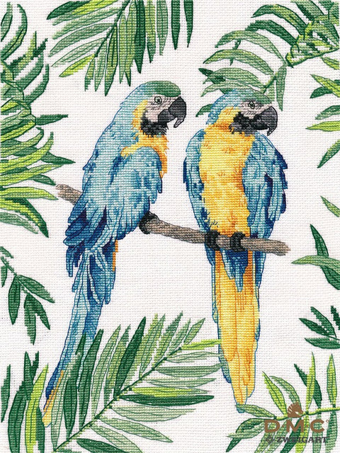 Siuvinėjimo rinkinys: dvi mėlynos‑geltonos ara papūgos ant šakos, tropinių lapų fone, 30×40 cm drobė