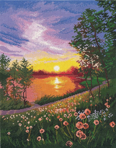 Deimantinė tapyba Saulėlydis ant ežero, 40x50 cm, ryškūs geltoni ir rožiniai tonai, iš arti matomas detalus mozaikos raštas