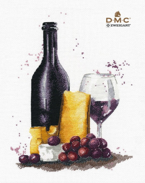 Siuvinėjimo dizainas DMC – vyno butelis, taurė, sūris ir violetinės vynuogės, detalus priekinis variantas