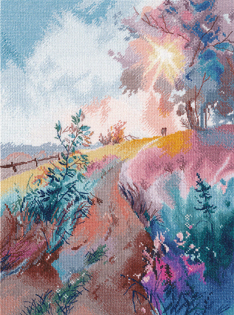 Tapyba ant drobės peizažas, spalvingas vasaros takas 40×60 cm, ryškios rožinės ir mėlynos detalės, artimas kampas