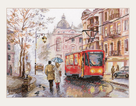 Kryželių rinkinys – miesto peizažas su raudonu tramvajumi ir pora po skėčiu, pastelinė rudeninė paletė, unikali galerijos versija