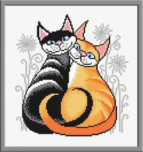 Kryželių siuvinėjimo rinkinys dviems katėms, oranžinė ir juoda spalva, rėmuotas, dydis apie 30×30 cm