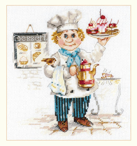 Siuvinėjimo rinkinys Šefas su desertais, spalvotas baigtas modelis, pilnas siuvinėjimo motyvas 30×30 cm