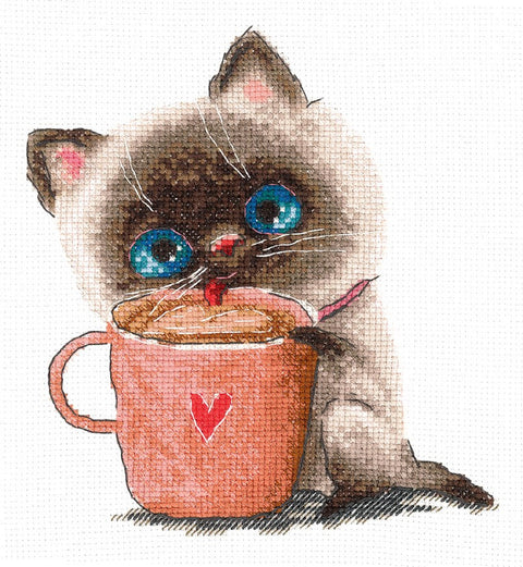 Drobė su akvareline mėlynakiu kačiuku, laižančiu rožinį puodelį su širdute, sienai, 40×50 cm