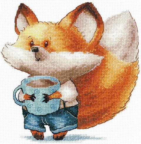 kryželių rinkinys: oranžinis lapiukas su dideliu baltu uodega ir mėlynu puodeliu, 30×30 cm, detalus raštas