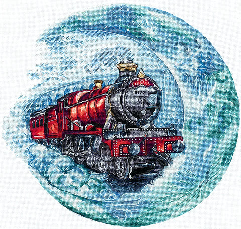 Siuvinėjimo rinkinys su apvaliu motyvu: raudonas garvežys „Moon Express“ mėnulio ir debesų fone, 30 cm diam.