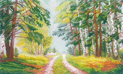 Kryželių rinkinys miško takas – ryškių žalių ir geltonų siūlų peizažas, 30×20 cm, artimas planas, detaliai matomas siuvinėjimas