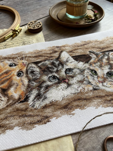 Kryželiu siuvinėjimo rinkinys „Pūkuotas trio“, 35×14,5 cm