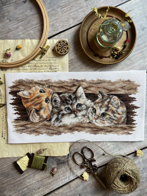 Siuvinėjimo rinkinys trys kačiukai, baigtas kryželiu panelis ant drobės, fotografuotas iš viršaus su siuvimo aksesuarais