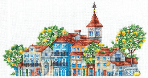 Kryželių rinkinys miesto motyvas: panoraminė kompozicija su mėlynais ir raudonais namais bei žalių medžių detalėmis