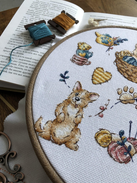 Žavingas Corgi kryželiu siuvinėjimo rinkinys, Aida 16 ct, 21×21 cm
