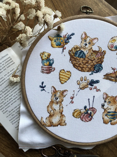Žavingas Corgi kryželiu siuvinėjimo rinkinys, Aida 16 ct, 21×21 cm