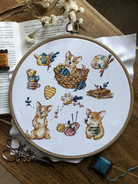 Žavingas Corgi kryželiu siuvinėjimo rinkinys, Aida 16 ct, 21×21 cm