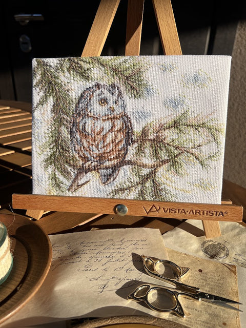 Siuvinėjimo rinkinys kryželiu „Mažoji pelėda“ 20x15 cm pradedantiesiems