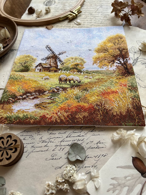 Kryželiu siuvinėjimo rinkinys „Prie seno malūno“, 19×19 cm
