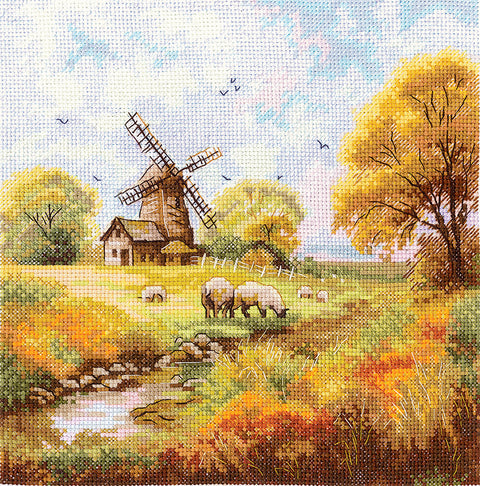 kryželių rinkinys su rudenišku kaimo peizažu: vėjo malūnas, ganomos avys ir upelis, 40×40 cm variantas