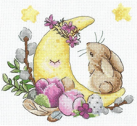 Kryželiu siuvinėjimo rinkinys mėnulio ir kiškio motyvas, geltonas mėnulis ir rožinės gėlės, skirtas mažo formato vaikų kambariui (20×20 cm)