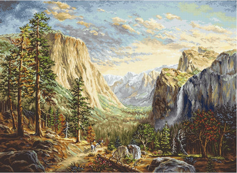 Siuvinėjimo rinkinys kalnų peizažas su kriokliu, 40×30 cm, šiltų žemiškų tonų variantas, artimas ruošinio fragmentas