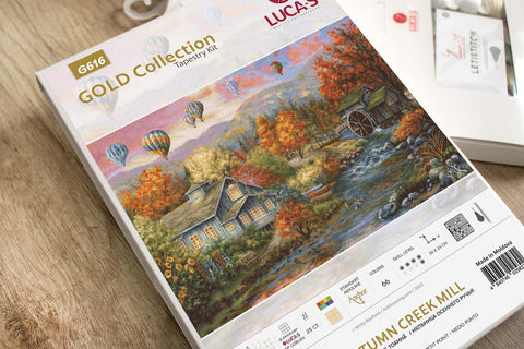 Gobelenų rinkinys Lucas Gold Collection „Autumn Creek Mill“, dėžutės priekinis kampas su 34×24 cm piešiniu