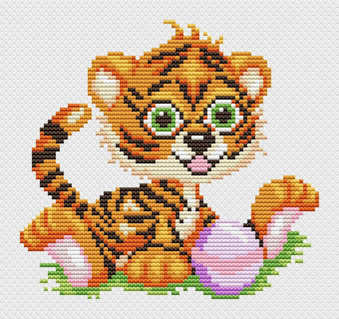 siuvinėjimo rinkinys: paruoštas kryželiu ryškiai oranžinis tigriukas su žaliais akimis ir violetiniu kamuoliuku, 20×20 cm