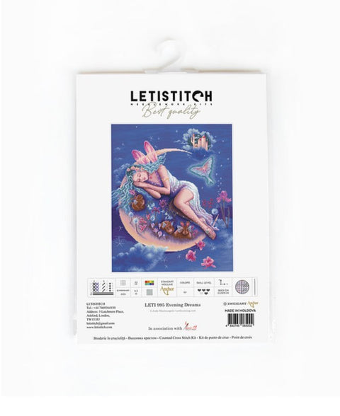 Kryželių rinkinys LETISTITCH Evening Dreams mėlyna pakuotė su dizaino pavyzdžiu ir viršuje matomu pakabinimo kabliuku