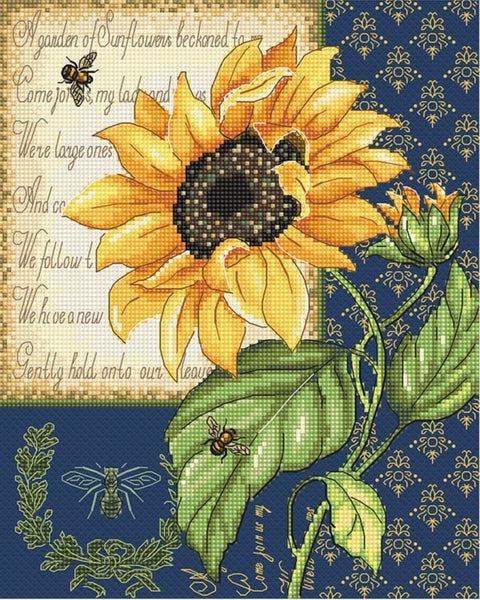 Saulėgrąža drobės spauda: geltonas didelis žiedas su bitėmis ant tamsiai mėlyno ornamentuoto fono, artimas planas, 30×40 cm variantas