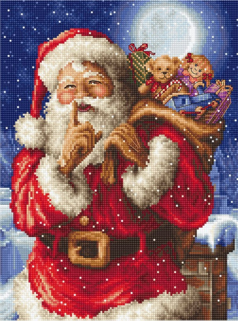 Deimantinė mozaika Kalėdų senelis su raudonu paltu ir dovanų krepšiu mėnulio fone, švelnus sniegas