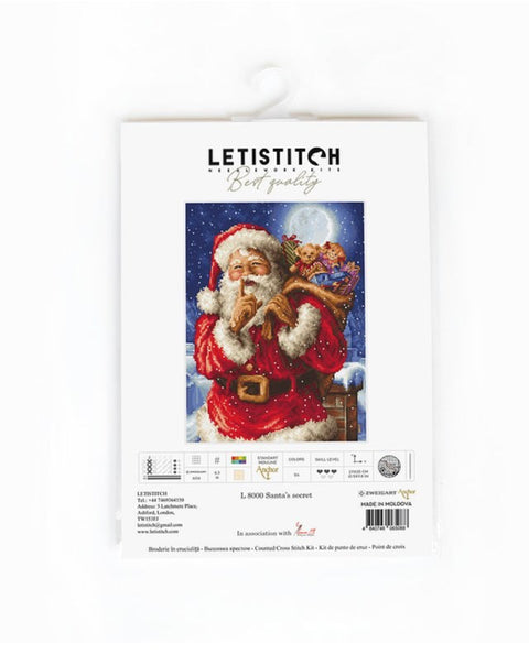 Kryželių siuvinėjimo rinkinys LETISTITCH Santa's Secret – supakuotas, priekinėje pusėje pakabinamas dizainas su Kalėdų seneliu ir dovanų maišu