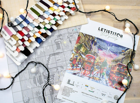 Deimantinė mozaika Letistitch "Regent Street" – pilnas rinkinys su spalvotais deimantėliais, siūlų kortelėmis ir ženklintu modelio grafiku