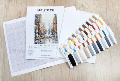 kryželių rinkinys LETISTITCH su 30 spalvų siūlų kortelėmis, audiniu ir žingsnis po žingsnio schema