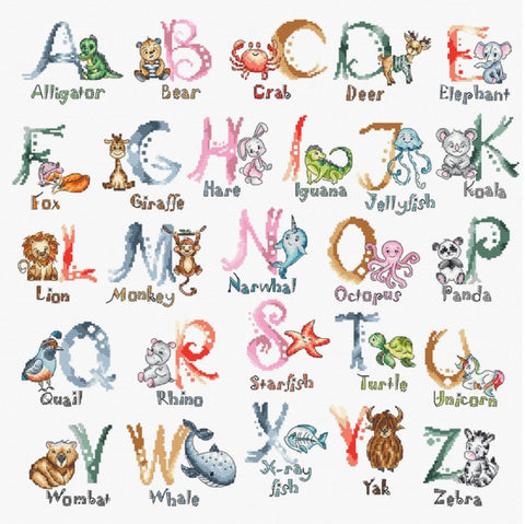 Siuvinėjimo rinkinys – pilnas abėcėlės dizainas su 26 spalvingomis gyvūnų raidėmis vaikų kambariui