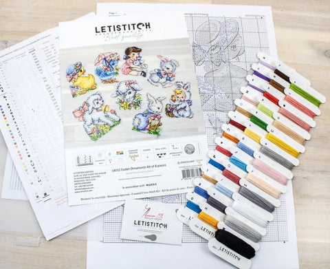 Kryželių rinkinys Letistitch su spalvotų siūlų fanu, modelių schemomis ir Velykų ornamentų pavyzdžiais