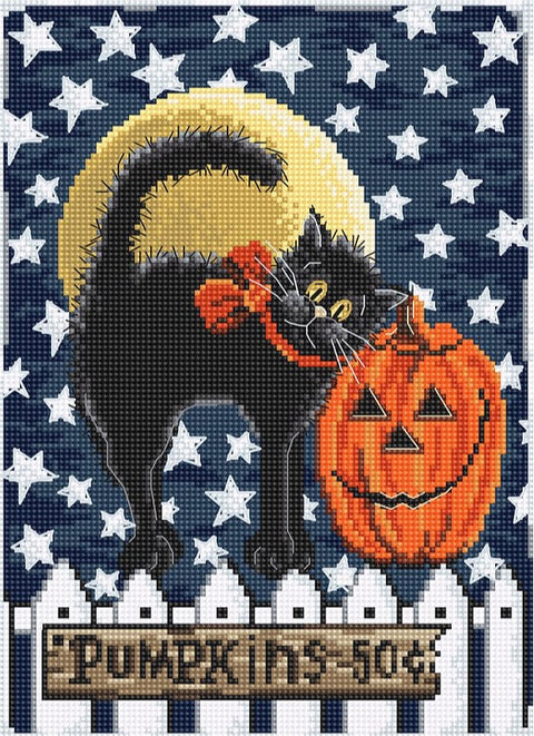 siuvinėjimo rinkinys su juoda katė ir oranžiniu Helovino moliūgu prieš geltoną mėnulį, žvaigždėmis ir užrašu Pumpkins 50¢