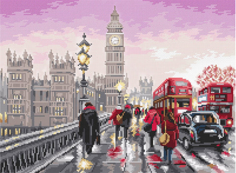 Dimantinė tapyba Londono panorama su Big Beno bokštu, raudonais autobusais ir lietaus atspindžiais po rožiniu dangumi